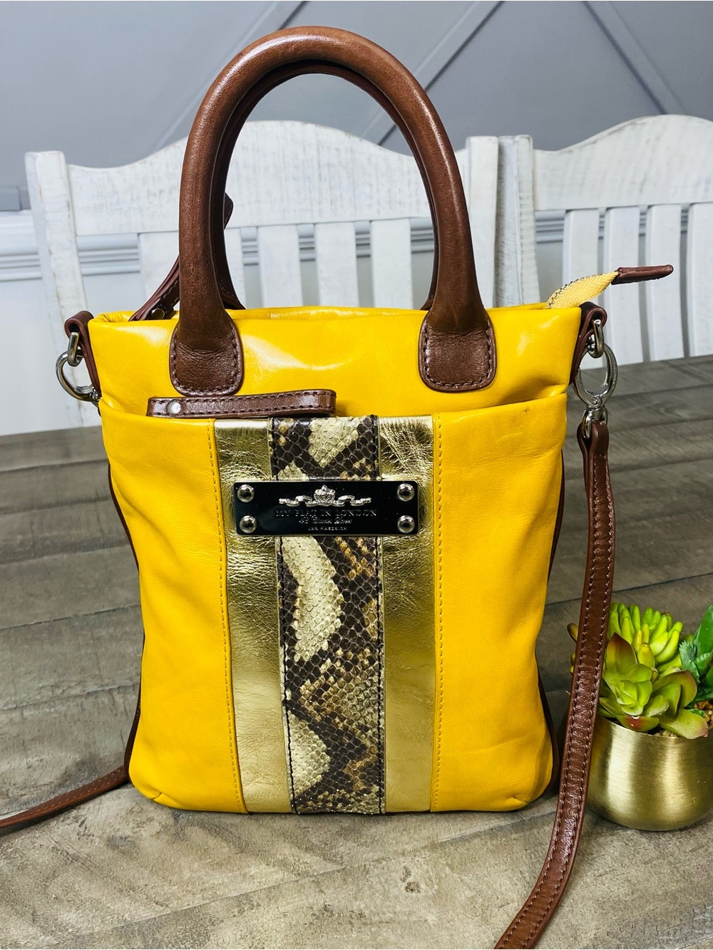 My Flat in London Yellow Crossbody Bag Python Metallic Gold Accent
